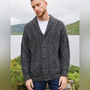Aran Crafts Men’s 100% Merino Wool Cable Knit Shawl Collar Cardigan Sweater XXL